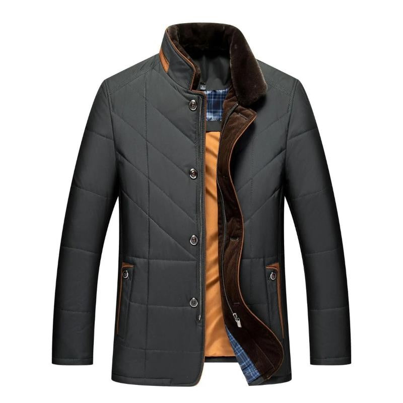Herren-Winter-Steppjacke mit Plüsch-Stehkragen, Knopfleiste und Paspeltaschen in Schwarz