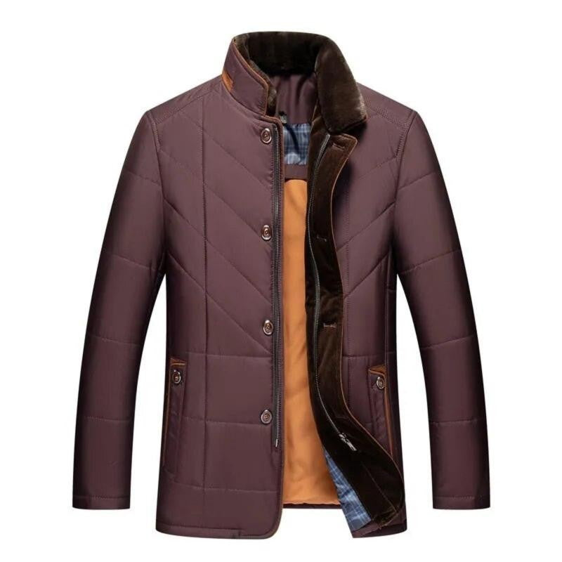 Herren-Winter-Steppjacke mit Plüsch-Stehkragen, Knopfleiste und Paspeltaschen in Rot