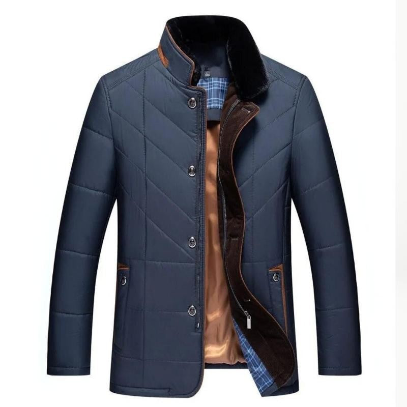 Herren-Winter-Steppjacke mit Plüsch-Stehkragen, Knopfleiste und Paspeltaschen in Blau
