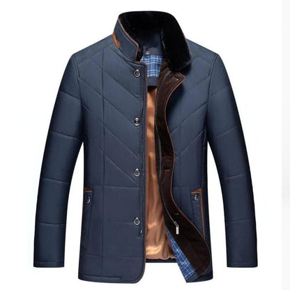 Herren-Winter-Steppjacke mit Plüsch-Stehkragen, Knopfleiste und Paspeltaschen in Blau