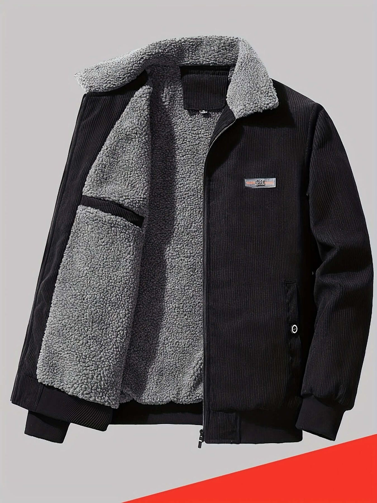 Herren-Winterjacke aus Cord mit Teddyfutter, Teddykragen und Reißverschluss in Schwarz