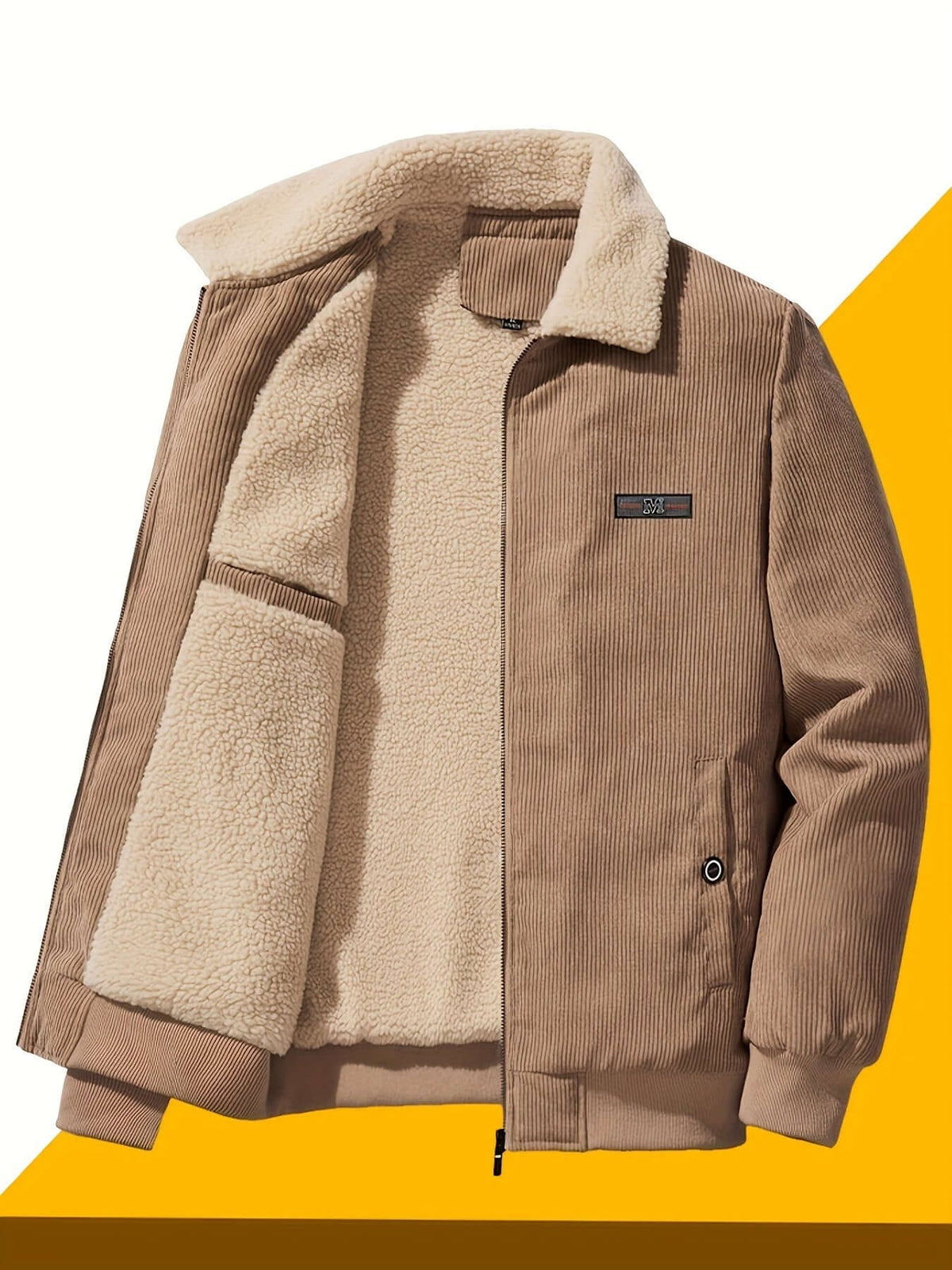 Herren-Winterjacke aus Cord mit Teddyfutter, Teddykragen und Reißverschluss in Khaki
