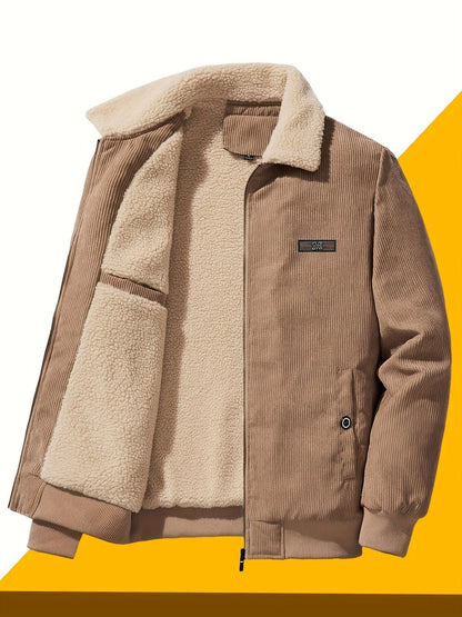 Herren-Winterjacke aus Cord mit Teddyfutter, Teddykragen und Reißverschluss in Khaki
