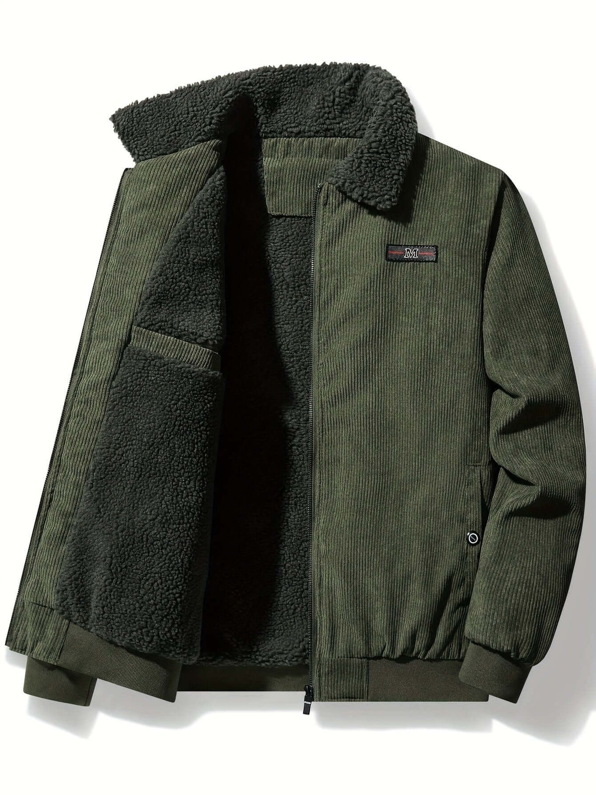 Herren-Winterjacke aus Cord mit Teddyfutter, Teddykragen und Reißverschluss in Grün