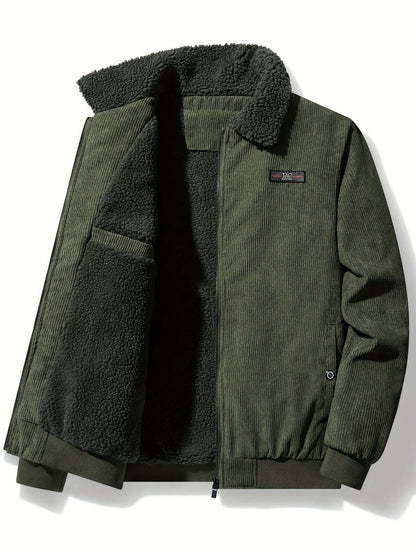 Herren-Winterjacke aus Cord mit Teddyfutter, Teddykragen und Reißverschluss in Grün