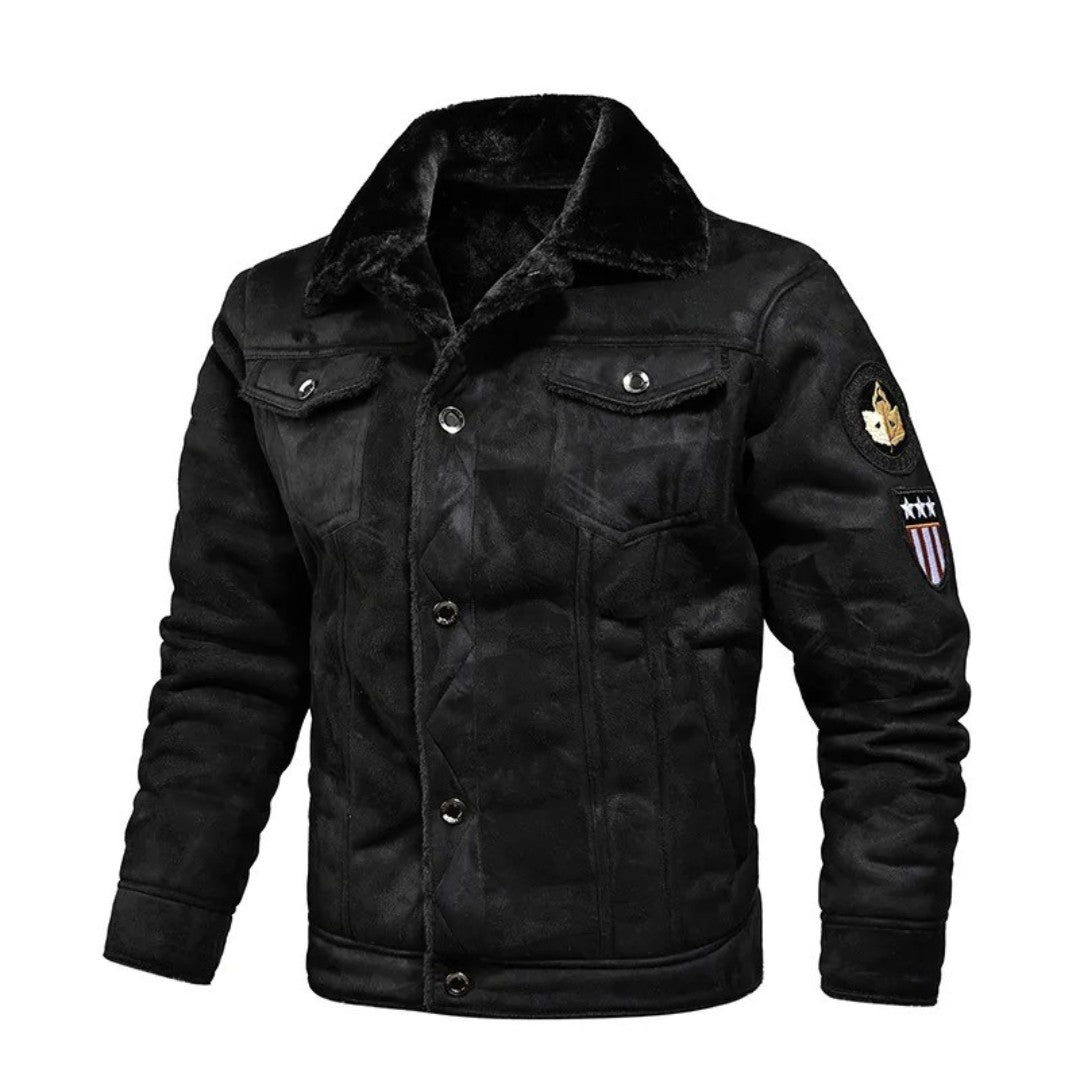 Herren-Winterjacke in Wildlederoptik mit Plüschkragen, warmem Futter und Brusttaschen in Schwarz