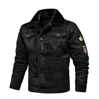 Herren-Winterjacke in Wildlederoptik mit Plüschkragen, warmem Futter und Brusttaschen in Schwarz