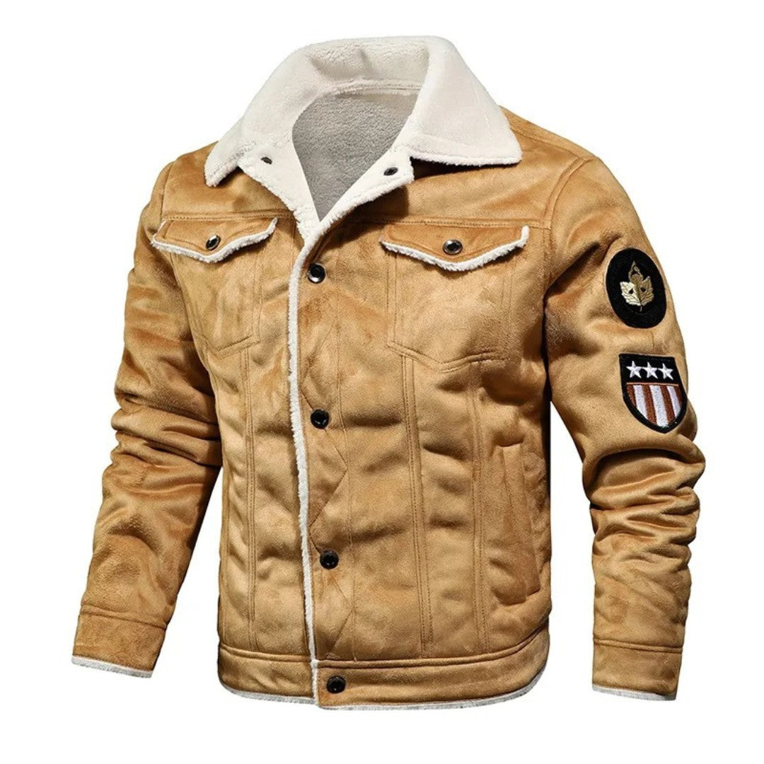 Herren-Winterjacke in Wildlederoptik mit Plüschkragen, warmem Futter und Brusttaschen in Khaki