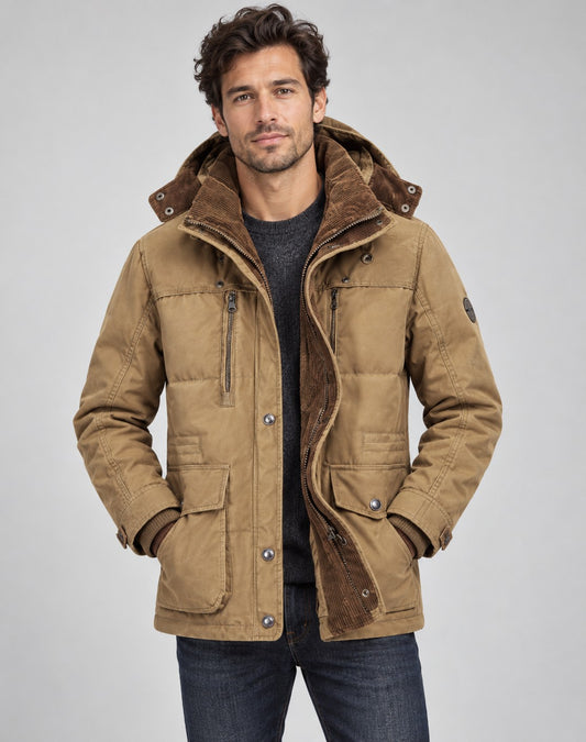 Herren-Winterjacke mit Fleecefutter, abnehmbarer Kapuze und Pattentaschen in Khaki