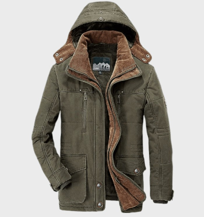 Herren-Winterjacke mit Fleecefutter, abnehmbarer Kapuze und Pattentaschen in Grün