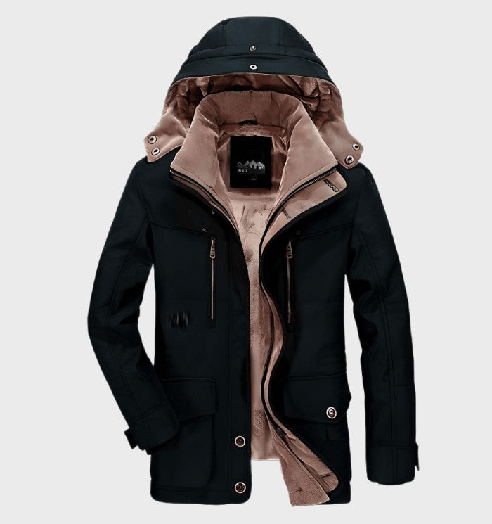 Herren-Winterjacke mit Fleecefutter, abnehmbarer Kapuze und Pattentaschen in Schwarz