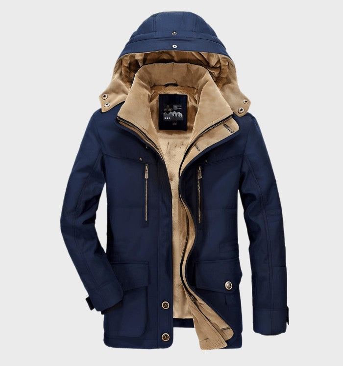 Herren-Winterjacke mit Fleecefutter, abnehmbarer Kapuze und Pattentaschen in Blau