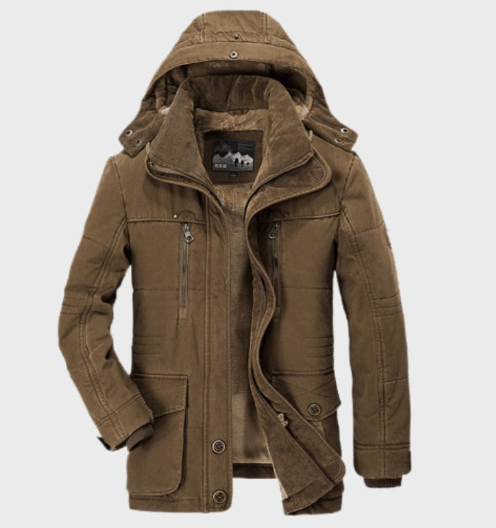 Herren-Winterjacke mit Fleecefutter, abnehmbarer Kapuze und Pattentaschen in Dunkelbraun