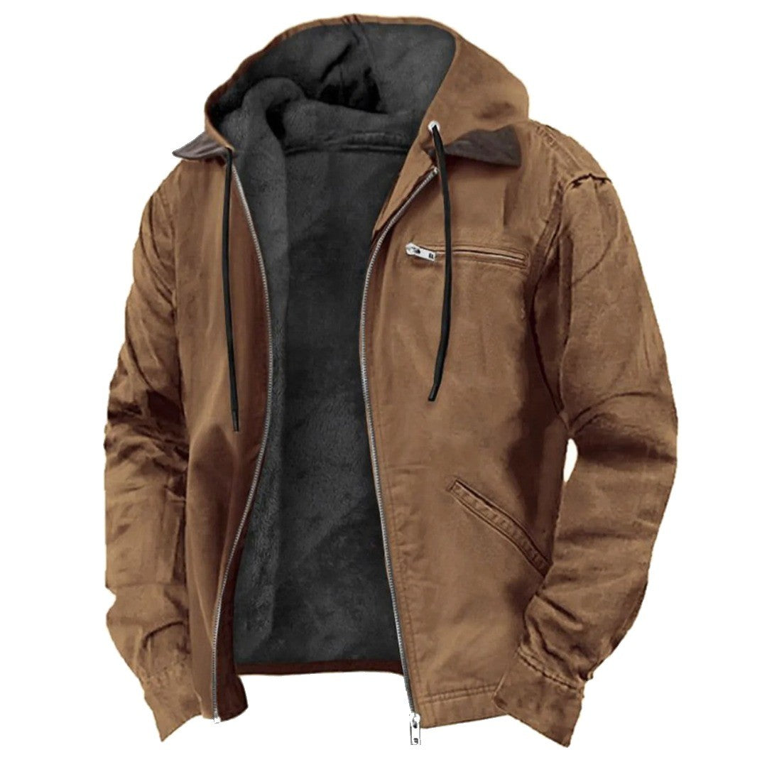 Herren-Winterjacke mit gefütterter Kapuze, Kordelzug und Brusttasche mit Reißverschluss in Braun
