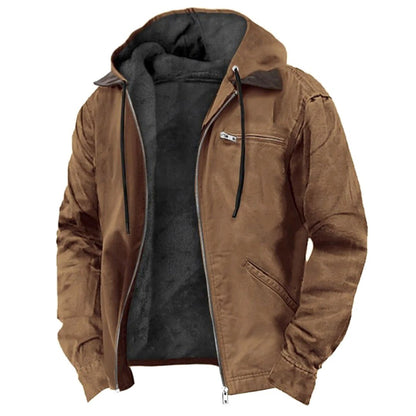 Herren-Winterjacke mit gefütterter Kapuze, Kordelzug und Brusttasche mit Reißverschluss in Braun