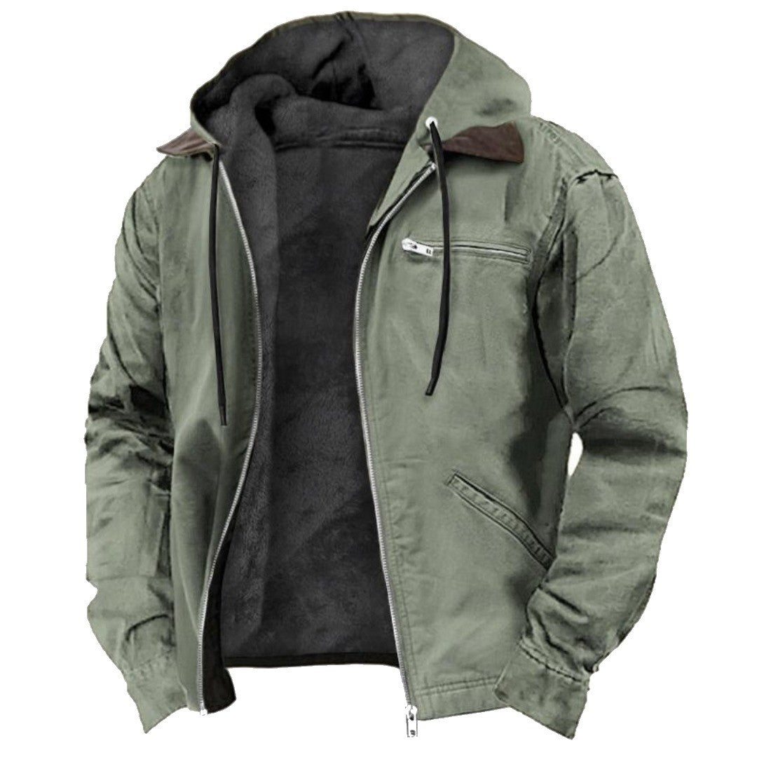 Herren-Winterjacke mit gefütterter Kapuze, Kordelzug und Brusttasche mit Reißverschluss in Grün