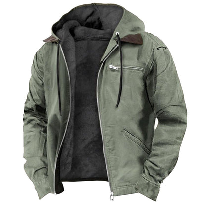 Herren-Winterjacke mit gefütterter Kapuze, Kordelzug und Brusttasche mit Reißverschluss in Grün