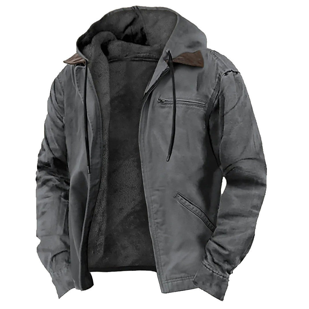 Herren-Winterjacke mit gefütterter Kapuze, Kordelzug und Brusttasche mit Reißverschluss in Grau