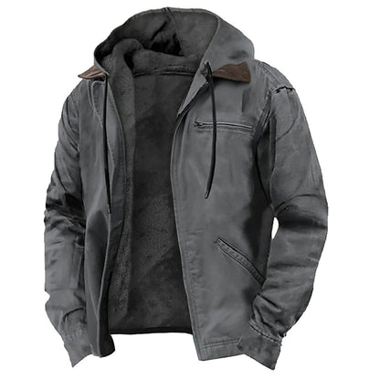 Herren-Winterjacke mit gefütterter Kapuze, Kordelzug und Brusttasche mit Reißverschluss in Grau