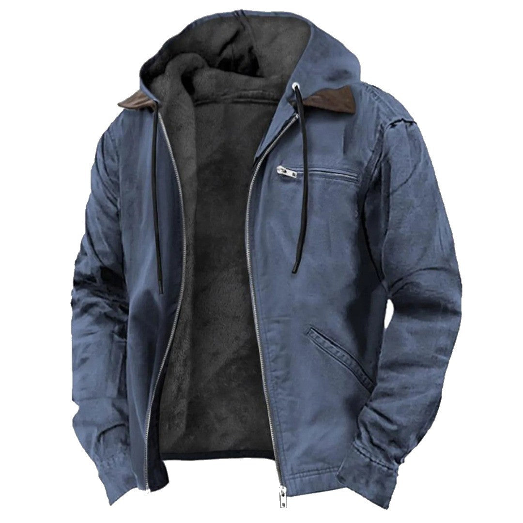Herren-Winterjacke mit gefütterter Kapuze, Kordelzug und Brusttasche mit Reißverschluss in Blau