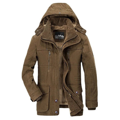 Herren-Winterjacke mit hohem Kragen, verstellbarer Kapuze und Plüschfutter mit Doppelverschluss in Braun
