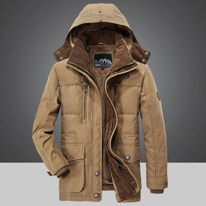 Herren-Winterjacke mit hohem Kragen, verstellbarer Kapuze und Plüschfutter mit Doppelverschluss in Khaki