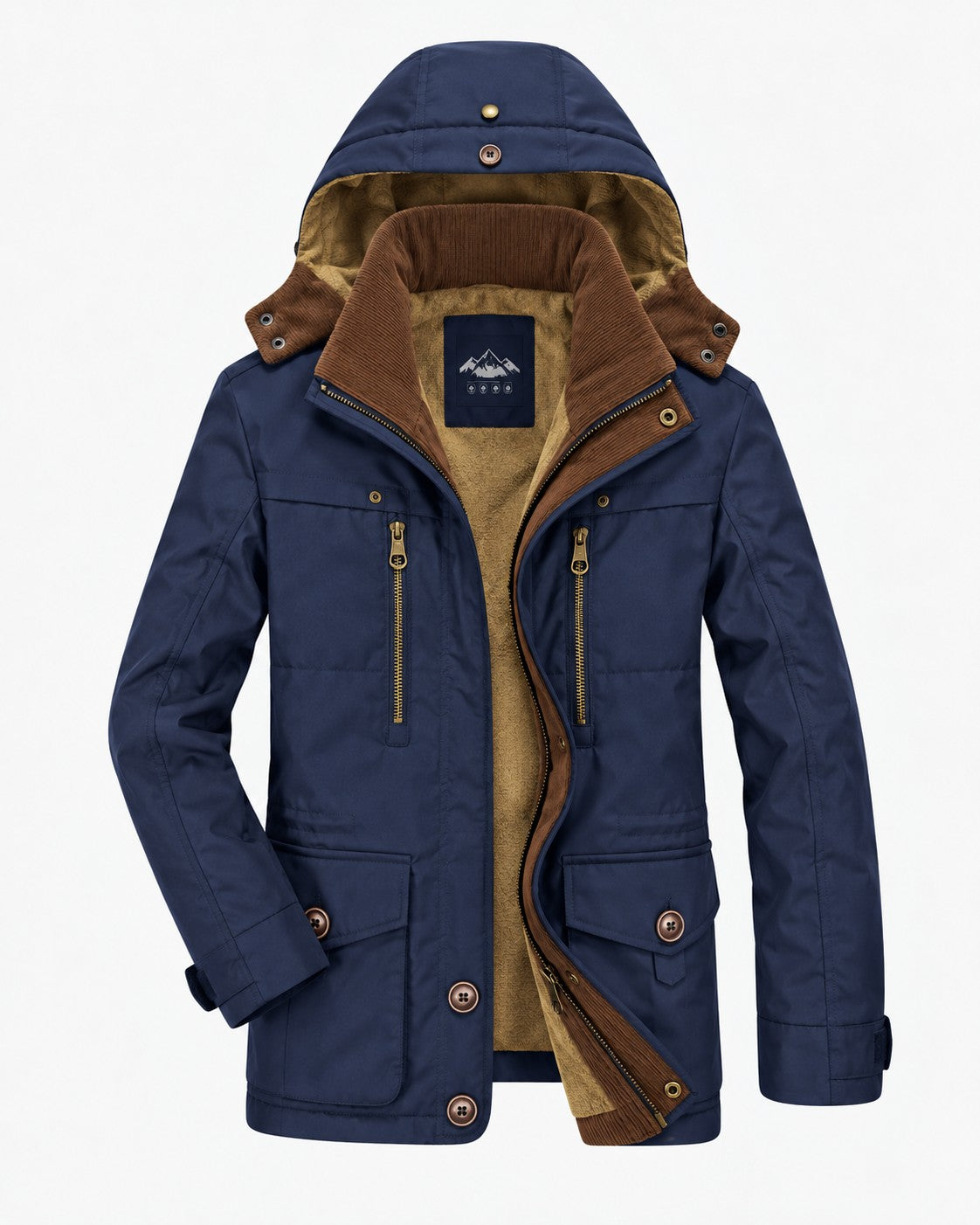 Herren-Winterparka mit Kapuze, Plüschfutter, Cordkragen und Pattentaschen in Blau