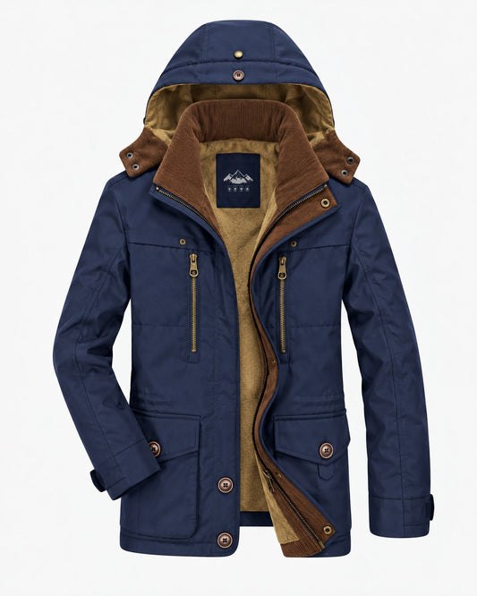 Herren-Winterparka mit Kapuze, Plüschfutter, Cordkragen und Pattentaschen in Blau