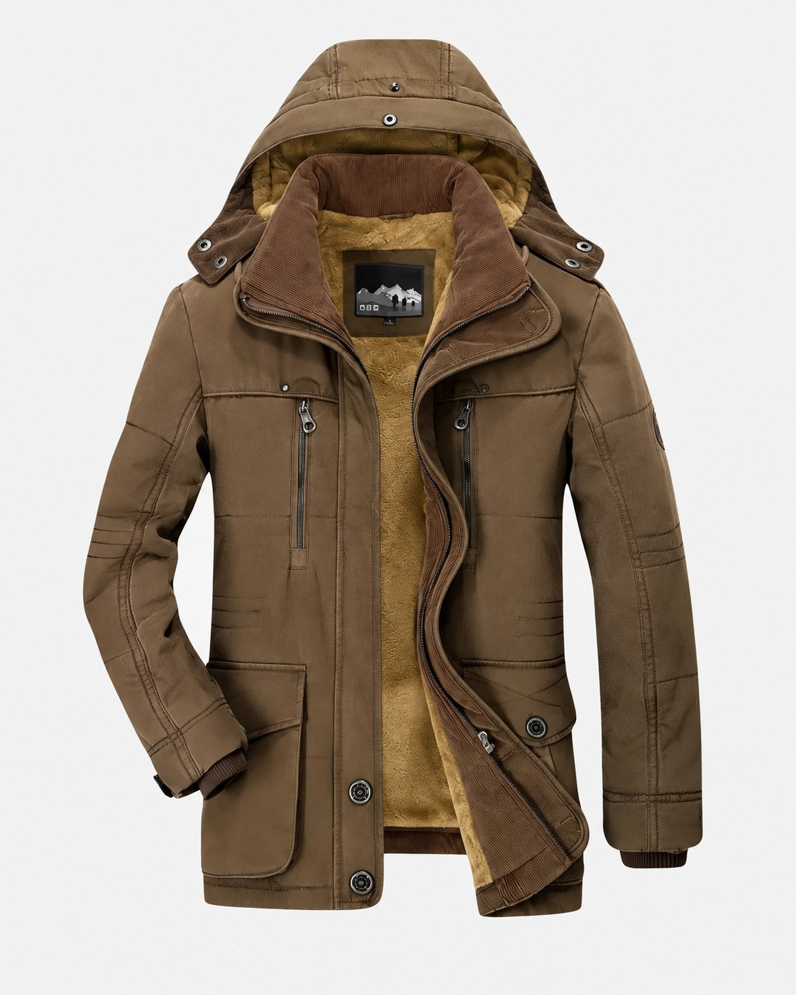Herren-Winterparka mit Kapuze, Plüschfutter, Cordkragen und Pattentaschen in Braun