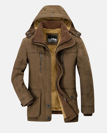 Herren-Winterparka mit Kapuze, Plüschfutter, Cordkragen und Pattentaschen in Braun