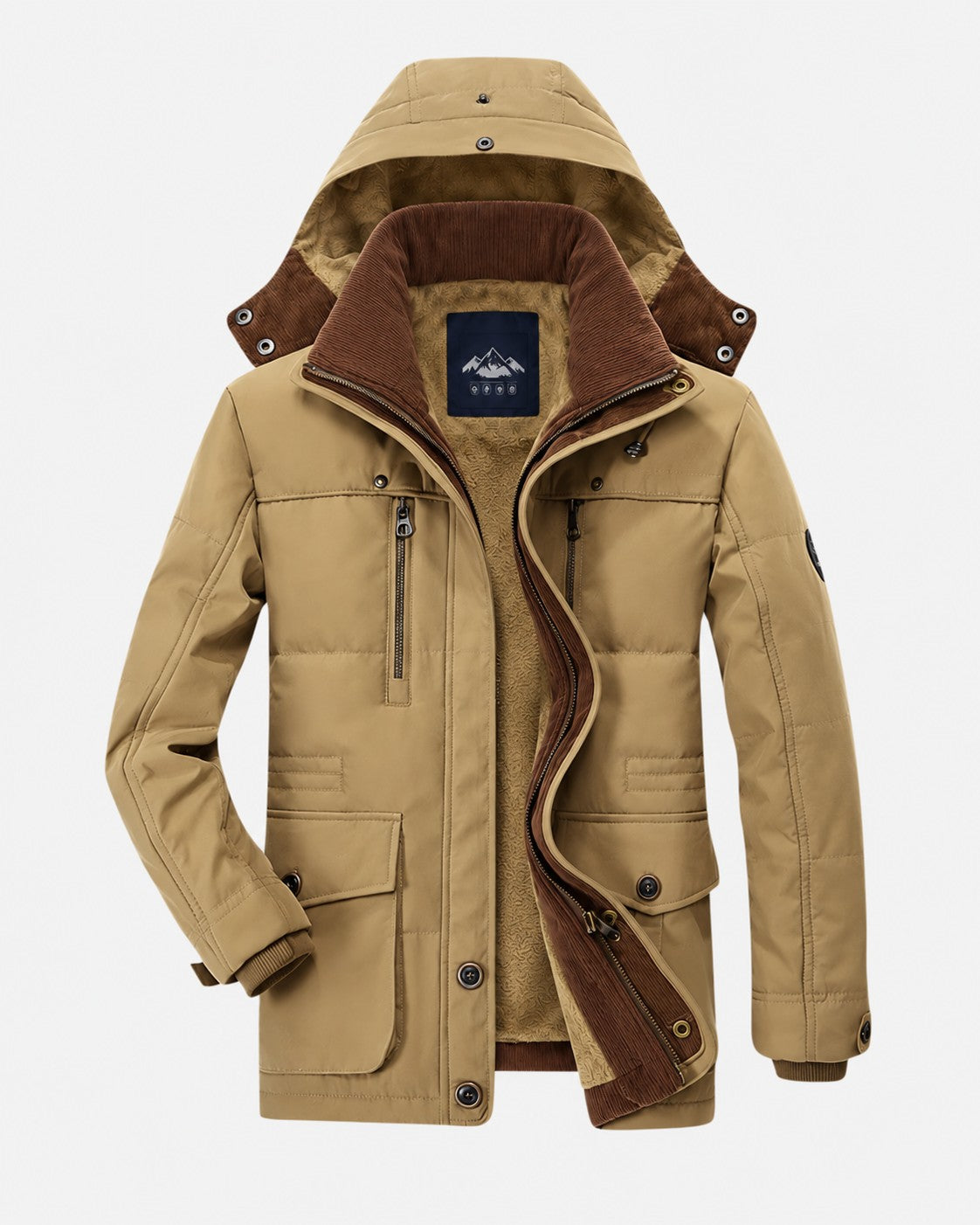 Herren-Winterparka mit Kapuze, Plüschfutter, Cordkragen und Pattentaschen in Khaki