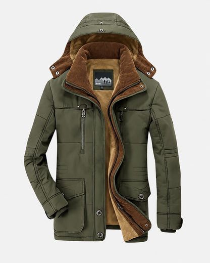 Herren-Winterparka mit Kapuze, Plüschfutter, Cordkragen und Pattentaschen in Grün