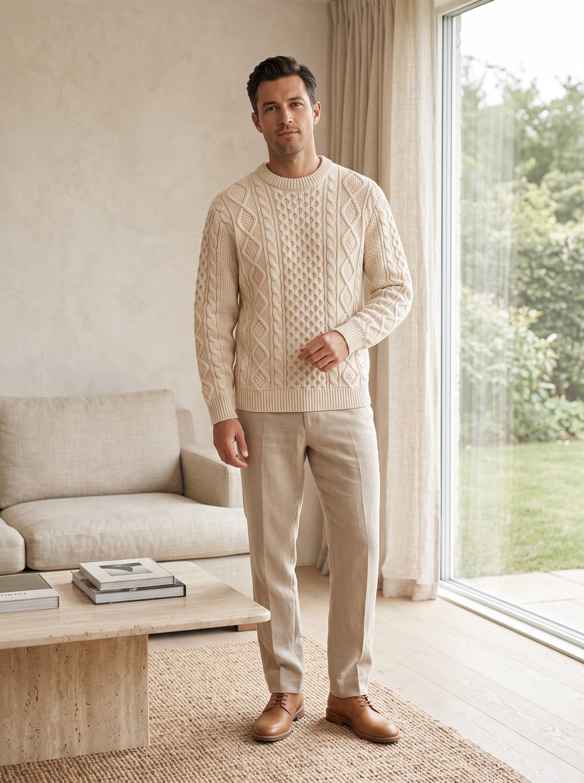 Herren-Zopfstrickpullover aus Lammwolle in Naturweiß, getragen im Wohnzimmer