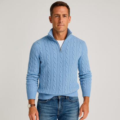 Herren-Zopfstrickpullover mit Troyerkragen und kurzem Reißverschluss, Ansicht 6