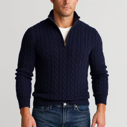 Herren-Zopfstrickpullover mit Troyerkragen und kurzem Reißverschluss, Ansicht 8