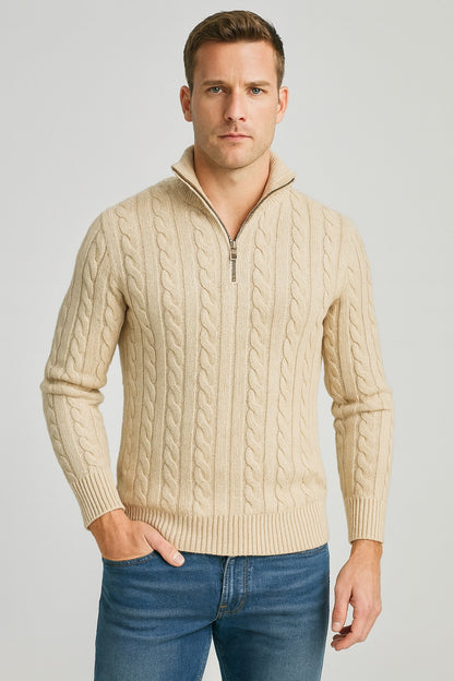 Herren-Zopfstrickpullover mit Troyerkragen und kurzem Reißverschluss, Ansicht 11