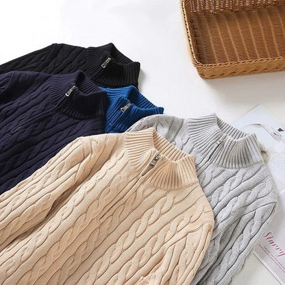 Herren-Zopfstrickpullover mit Troyerkragen und kurzem Reißverschluss, Ansicht 13