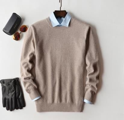 Herrenpullover aus Kaschmir mit Rundhals oder V-Ausschnitt und Rippbündchen in Beige, Rundhals
