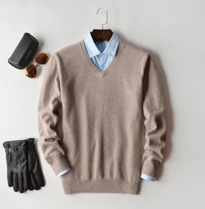Herrenpullover aus Kaschmir mit Rundhals oder V-Ausschnitt und Rippbündchen in Beige, V-Ausschnitt