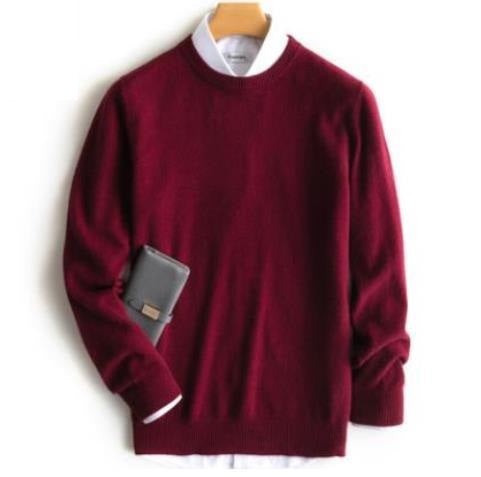 Herrenpullover aus Kaschmir mit Rundhals oder V-Ausschnitt und Rippbündchen in Rot, Rundhals