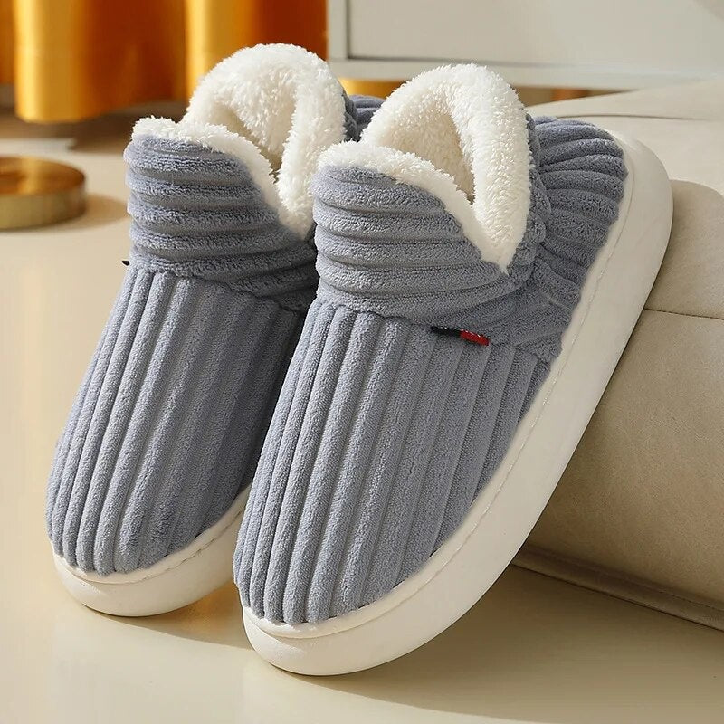 Hohe Damen-Hausschuhe aus Cord mit Sherpa-Fleecefutter und rutschfester Gummisohle in Grau