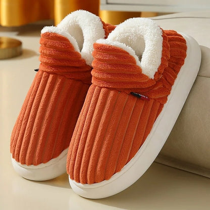 Hohe Damen-Hausschuhe aus Cord mit Sherpa-Fleecefutter und rutschfester Gummisohle in Orange