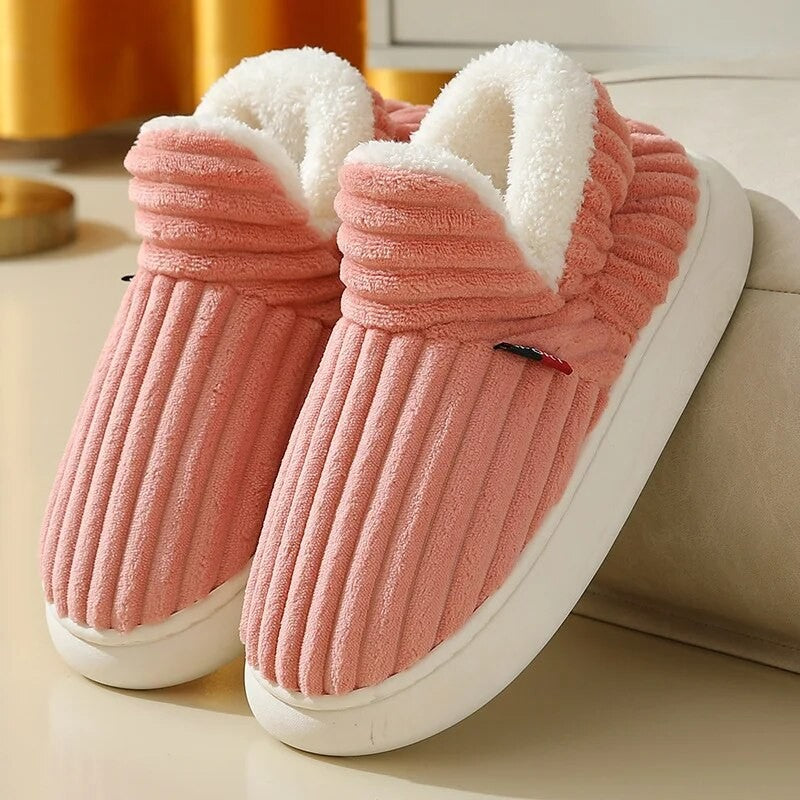Hohe Damen-Hausschuhe aus Cord mit Sherpa-Fleecefutter und rutschfester Gummisohle in Rosa
