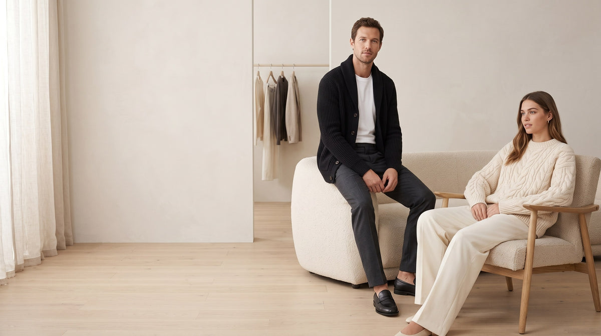 Mann in schwarzer Strickjacke und Frau in weißem Zopfstrickpullover in einem hellen Wohnzimmer