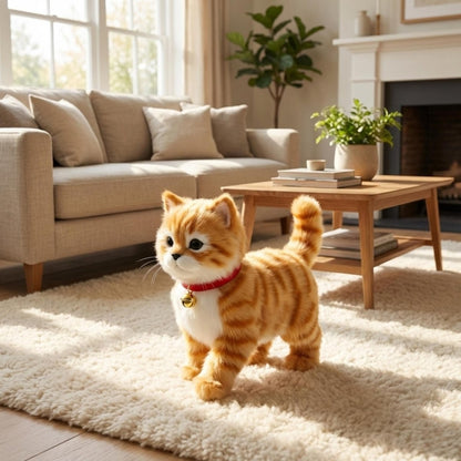 Rot getigerte Plüschkatze mit rotem Halsband auf einem hellen Teppich