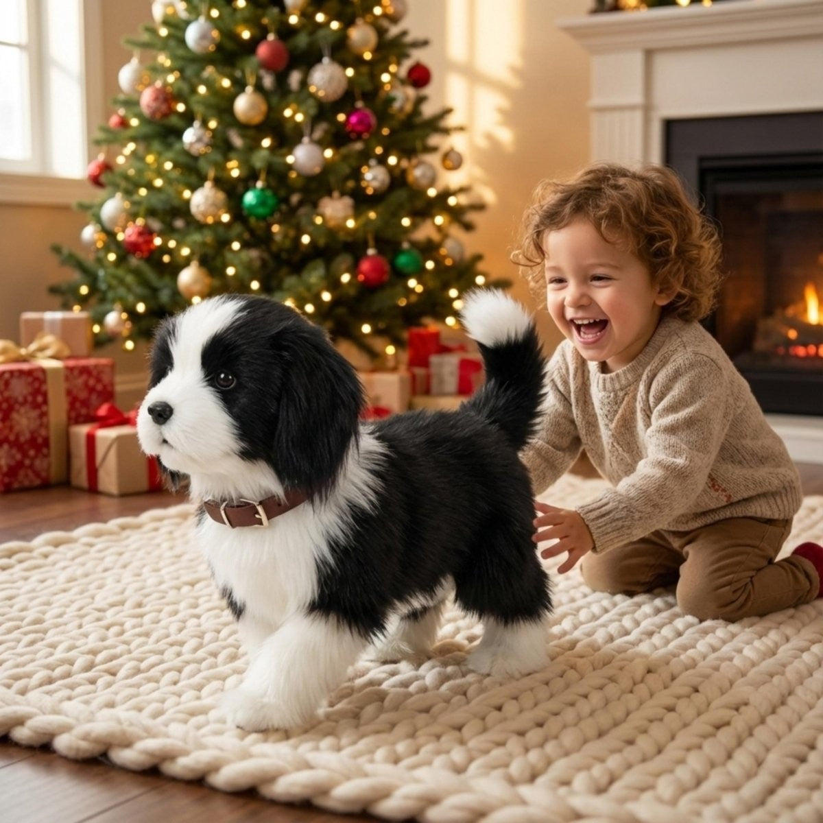 Schwarz-weißer Plüschhund läuft vor einem lachenden Kind am Weihnachtsbaum