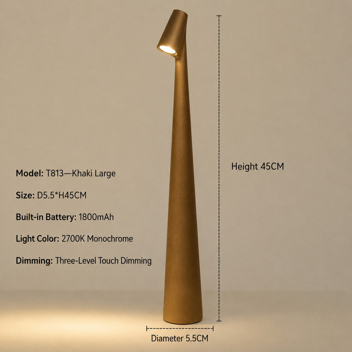 Kabellose LED-Tischlampe aus Metall mit Akku und 3-stufiger Touch-Dimmung in Braun
