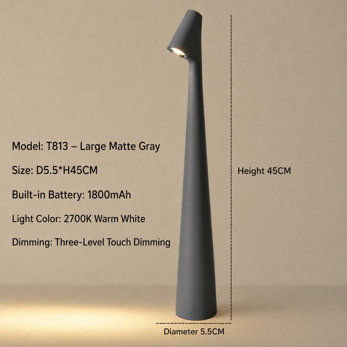 Kabellose LED-Tischlampe aus Metall mit Akku und 3-stufiger Touch-Dimmung in Grau