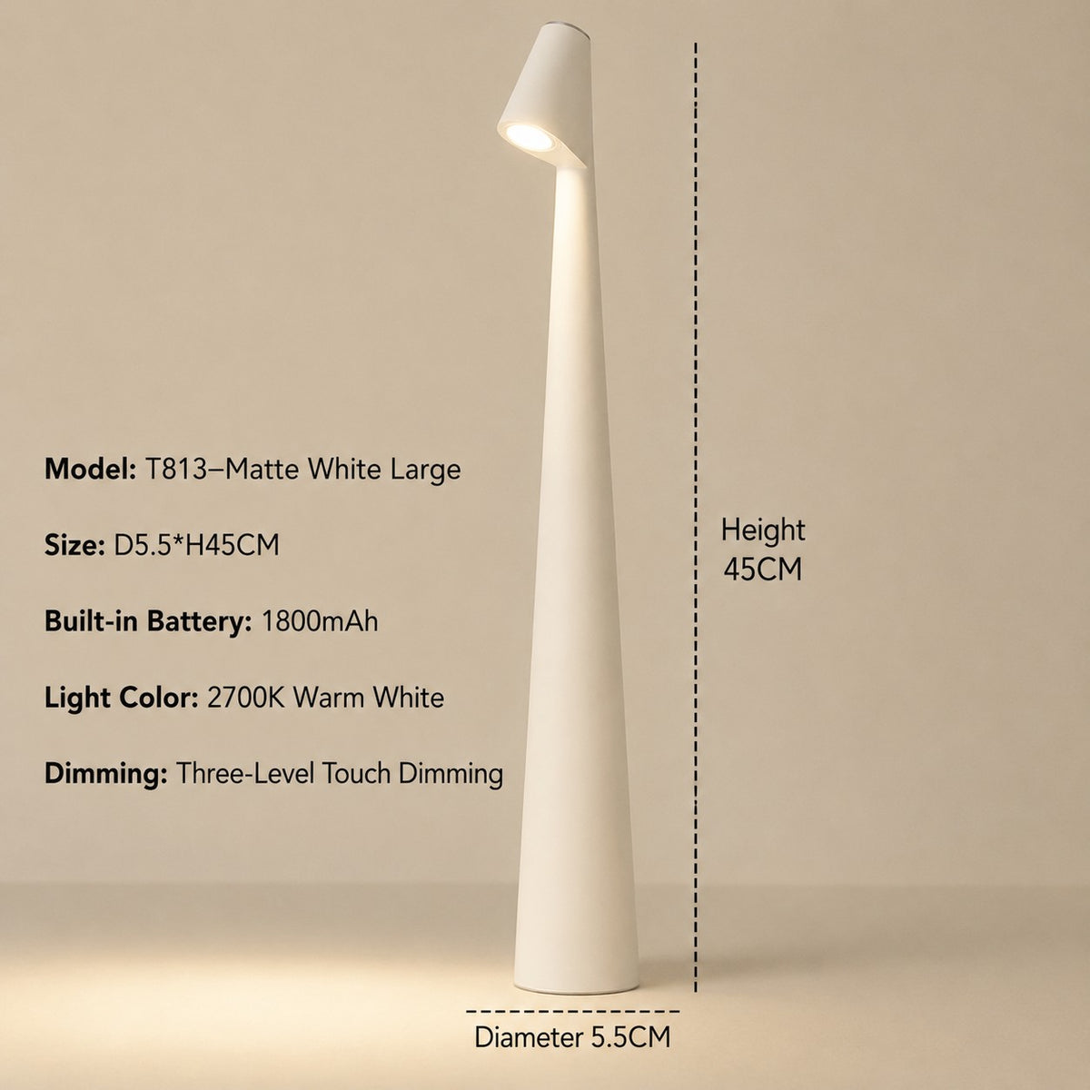 Kabellose LED-Tischlampe aus Metall mit Akku und 3-stufiger Touch-Dimmung in Weiß