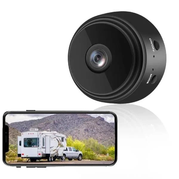 Schwarze Mini-Kamera mit Smartphone-Ansicht eines Wohnmobils